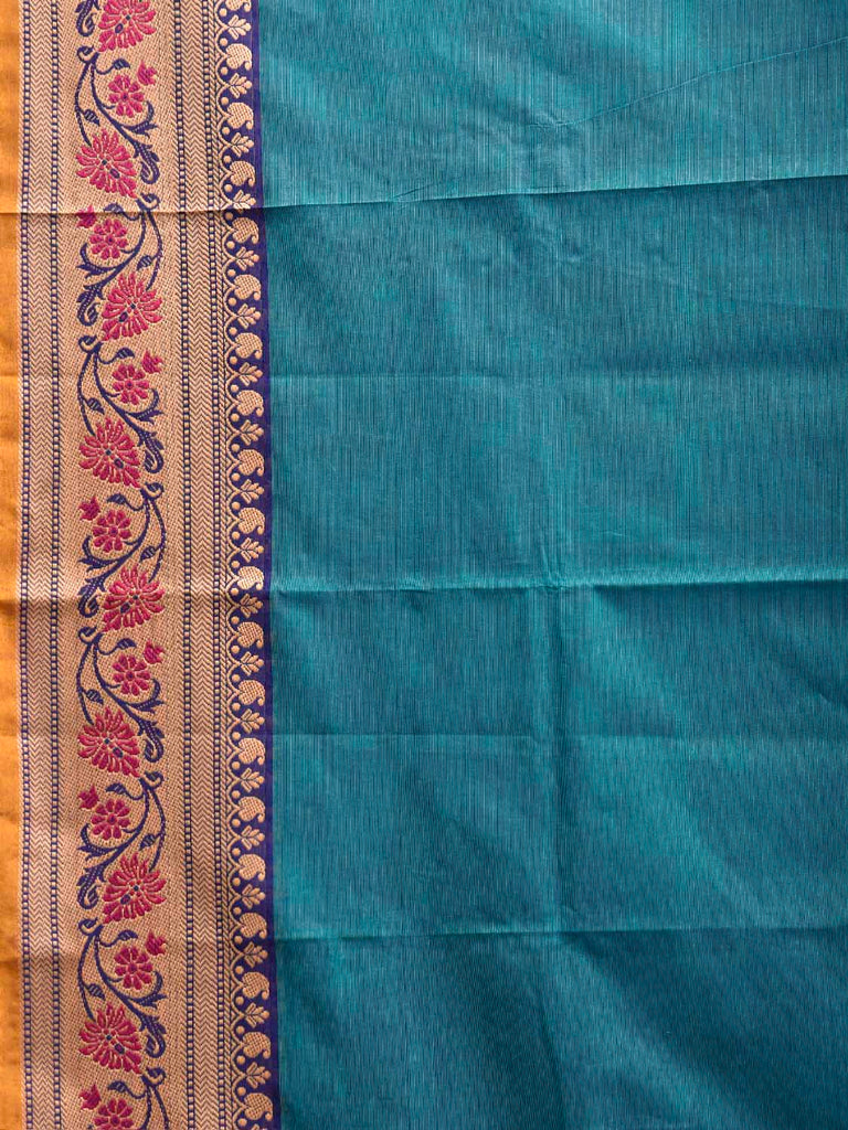 Blue Kanchipuram Cotton Plain Saree with Floral Border Design and Kalamkari Blouse k1000