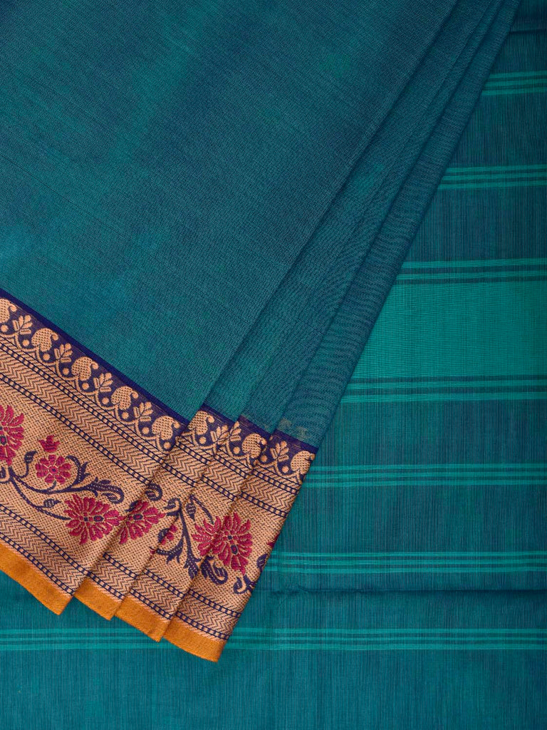 Blue Kanchipuram Cotton Plain Saree with Floral Border Design and Kalamkari Blouse k1000