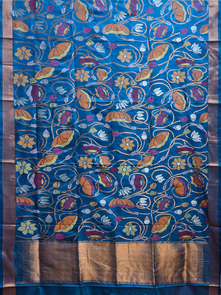 Blue Uppada Silk Handloom Saree with All Over Lotus Flowers Design u2350