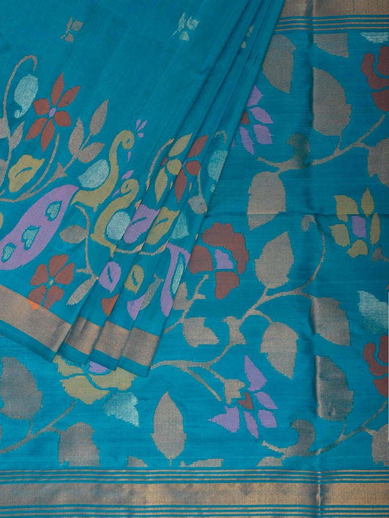 Blue Uppada Silk Handloom Saree with One Side Peacocks Border Design u2487