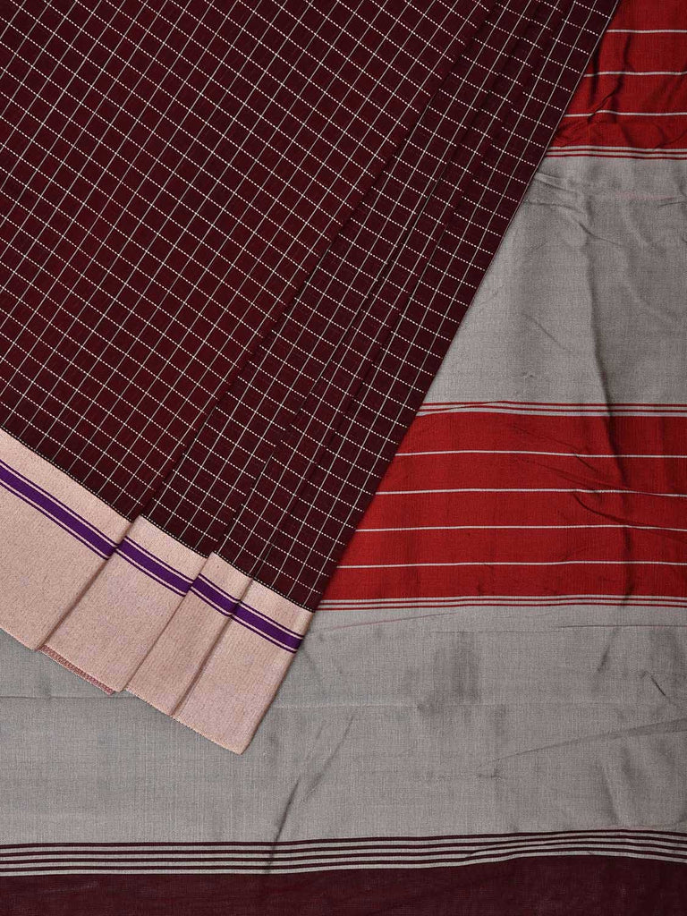 Brown and Light Grey ilkal Cotton Viscose Saree with Checks and Ganga-Jamuna Border Design o0523