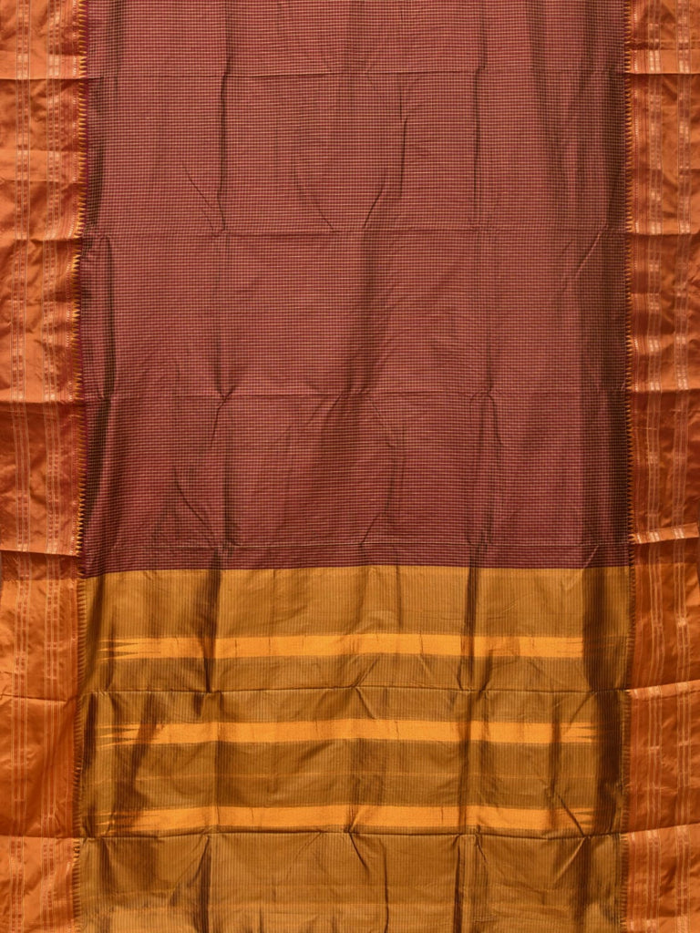 Brown and Mustard Narayanpet Silk Handloom Saree with Checks Design No Blouse np0756