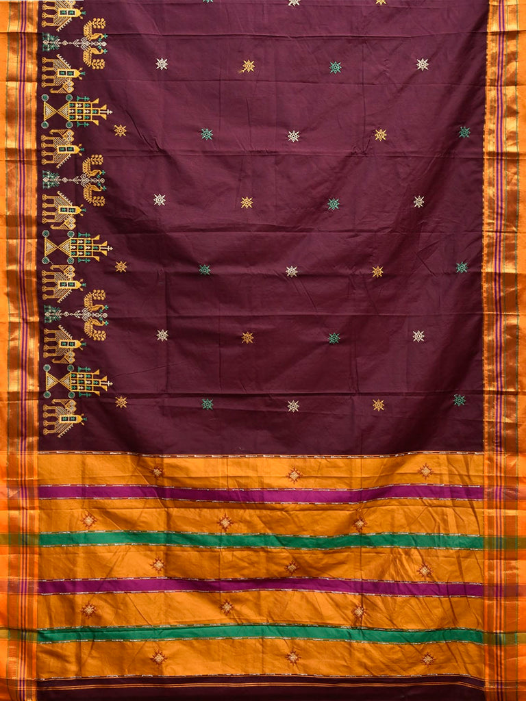 Brown and Yellow Kasuti ilkal Viscose Saree with Body Buta and Elephant Border Design No Blouse ku0028