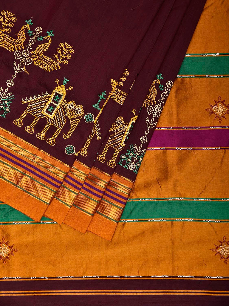 Brown and Yellow Kasuti ilkal Viscose Saree with Body Buta and Elephant Border Design No Blouse ku0028