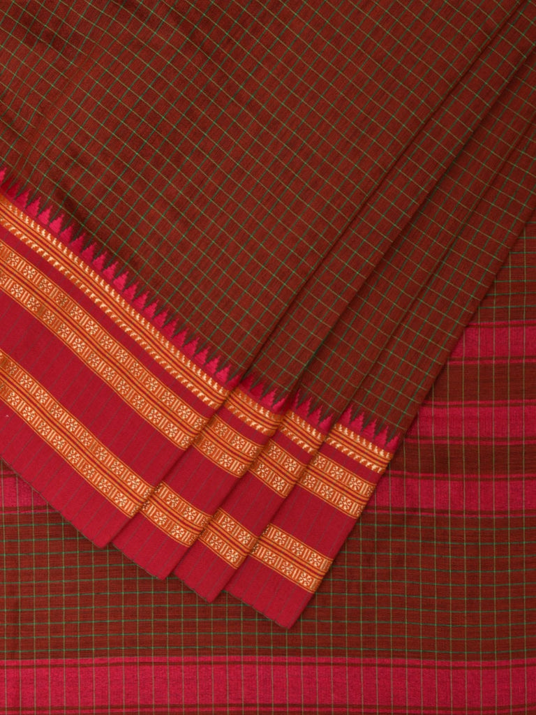 Brown Bamboo Cotton Saree with Checks Design No Blouse bc0270