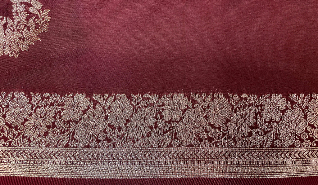 Brown Banaras Viscose Katan Saree with Silver Zari Floral Weaving And Grand Pallu B0551ds