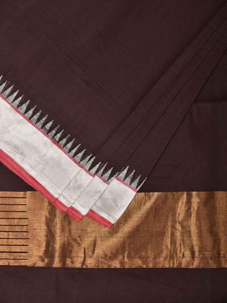 Brown Khadi Cotton Handloom Plain Saree with Temple Border Design kh0618