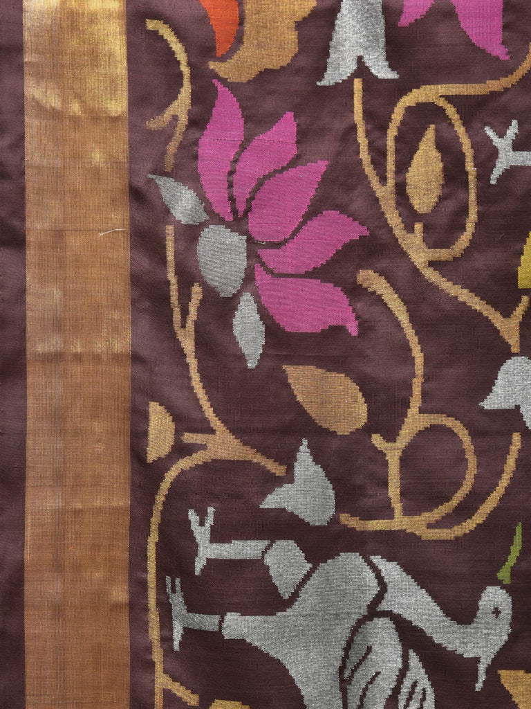 Brown Uppada Silk Handloom Saree with All Over Birds and Lotus Design u2160