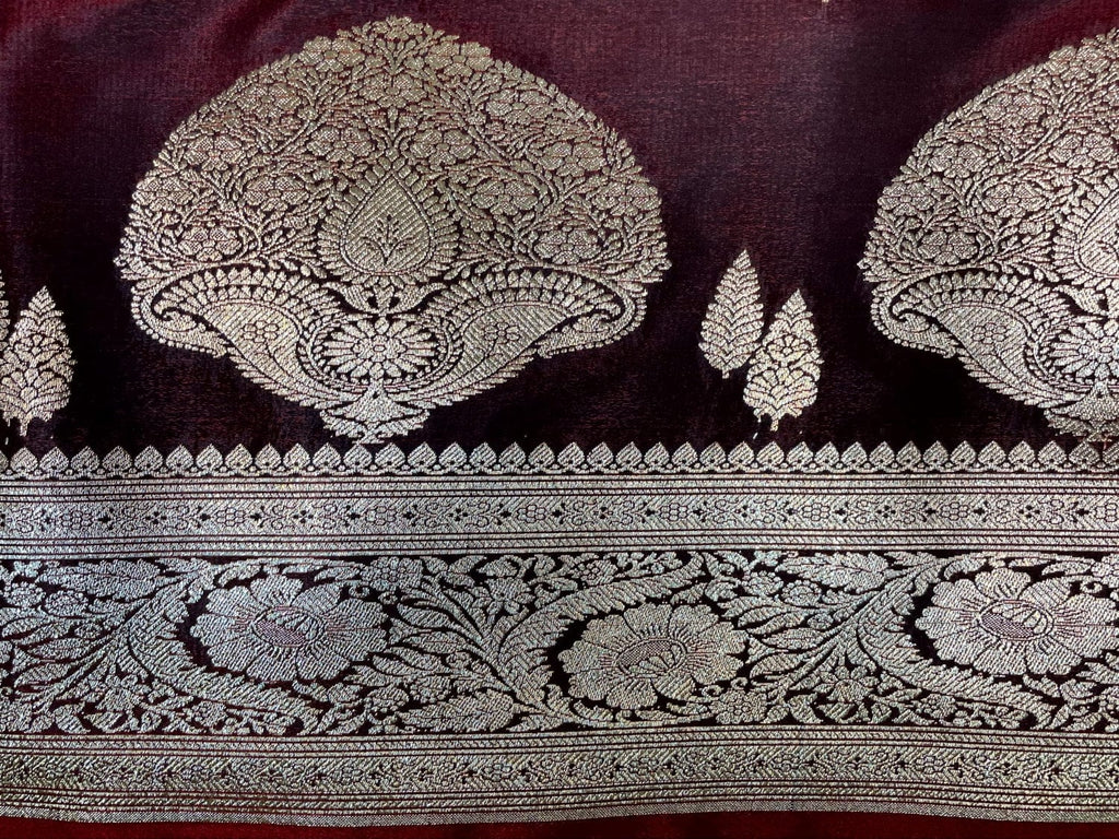 Burgundy Banaras Katan Silk Saree with Body Butti and Border Design b0410ds