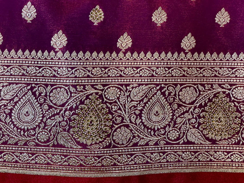 Burgundy Banaras Katan Silk Saree with Body Butti and Stone Work Design b0381ds