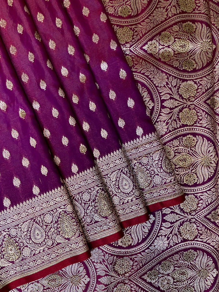 Burgundy Banaras Katan Silk Saree with Body Butti and Stone Work Design b0381ds
