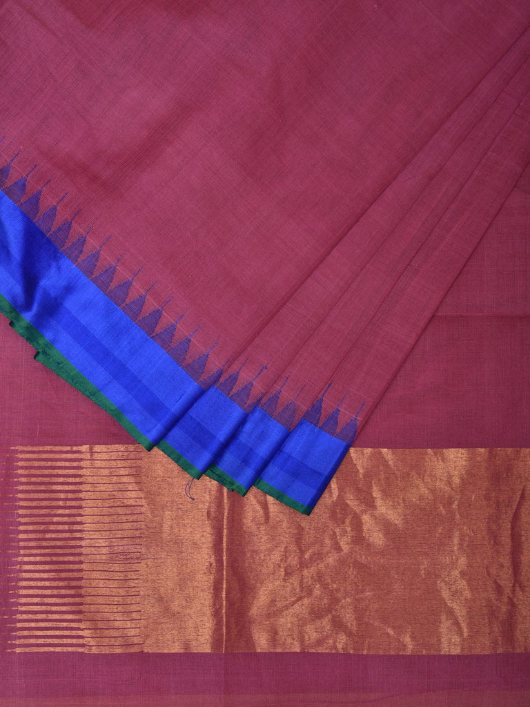 Burgundy Khadi Cotton Handloom Plain Saree with Temple Border Design kh0608