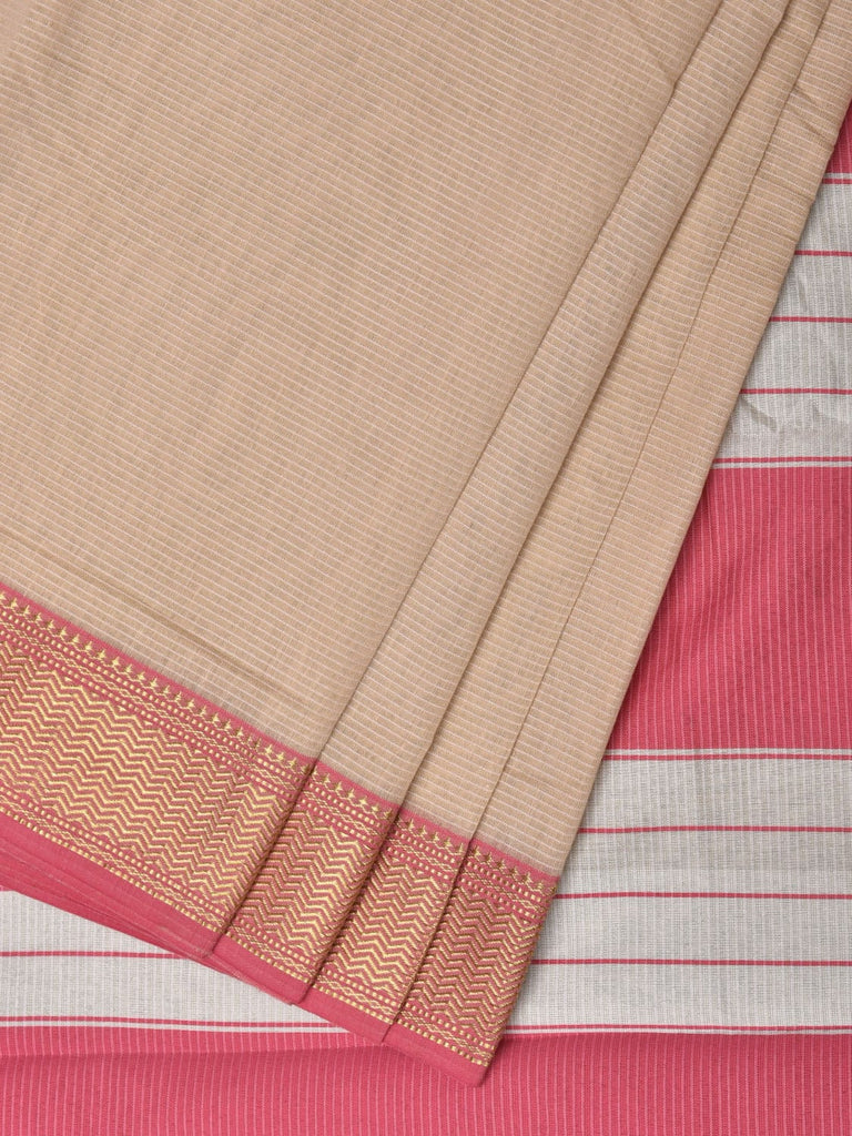 Cream and Baby Pink Bamboo Cotton Saree with Strips Design No Blouse bc0221