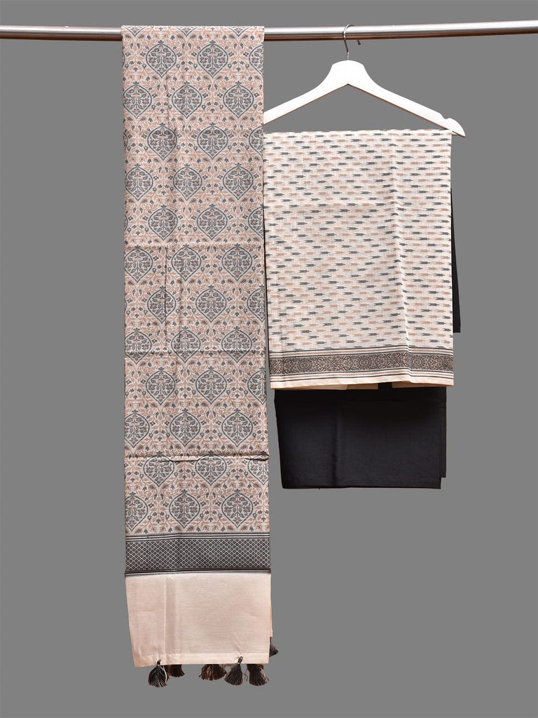 Cream and Black Banaras Cotton Viscose Dress Material with Dupatta, Top and Plain Bottom Design dm0067