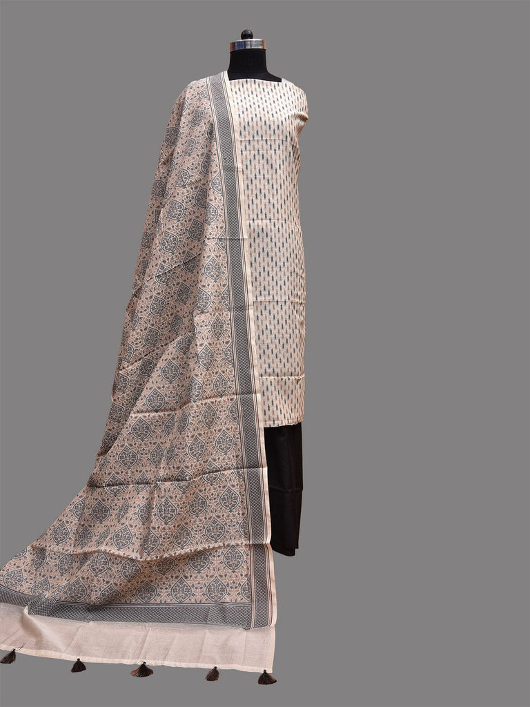 Cream and Black Banaras Cotton Viscose Dress Material with Dupatta, Top and Plain Bottom Design dm0067