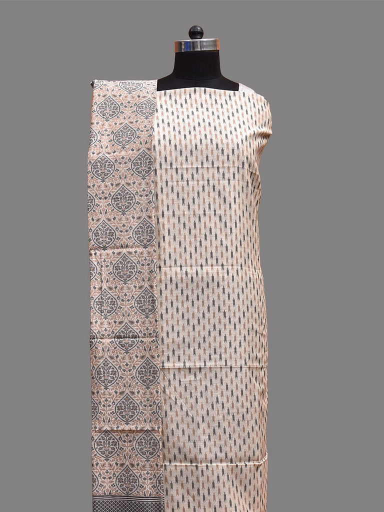 Cream and Black Banaras Cotton Viscose Dress Material with Dupatta, Top and Plain Bottom Design dm0067