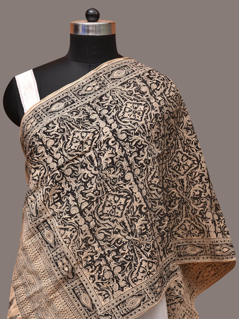Cream and Black Kalamkari Block Print Cotton Silk Stole with Geometric Design ds3386