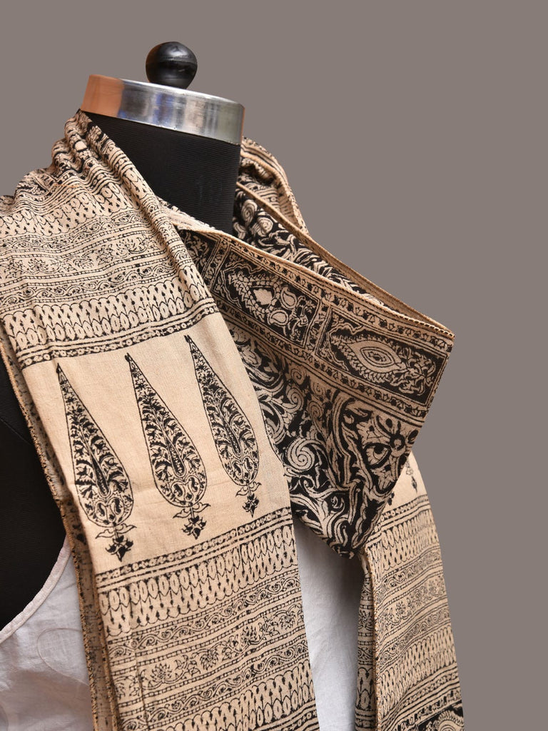 Cream and Black Kalamkari Block Print Cotton Silk Stole with Geometric Design ds3386