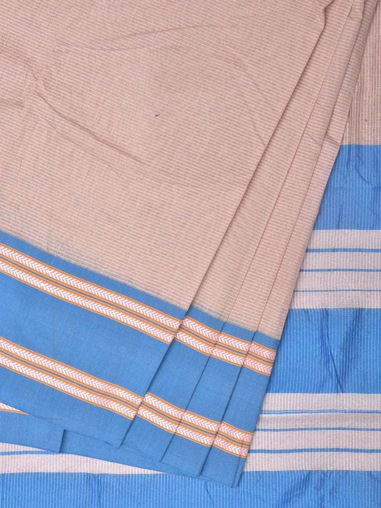 Cream and Blue Bamboo Cotton Saree with Strips Design No Blouse bc0212