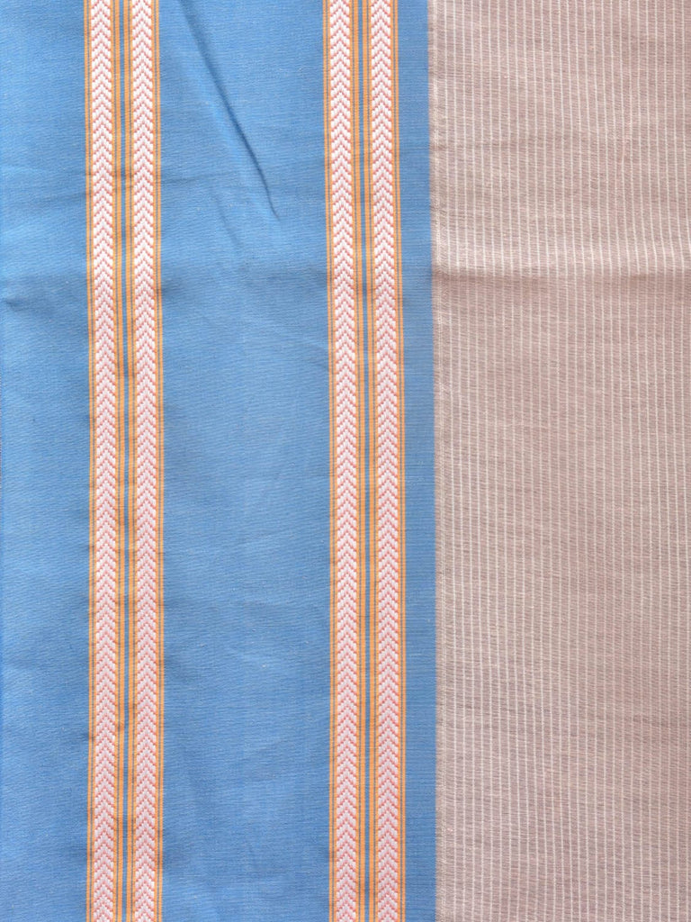 Cream and Blue Bamboo Cotton Saree with Strips Design No Blouse bc0212