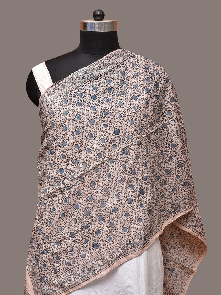 Cream and Blue Kalamkari Block Print Cotton Silk Stole with Geometric Design ds3385