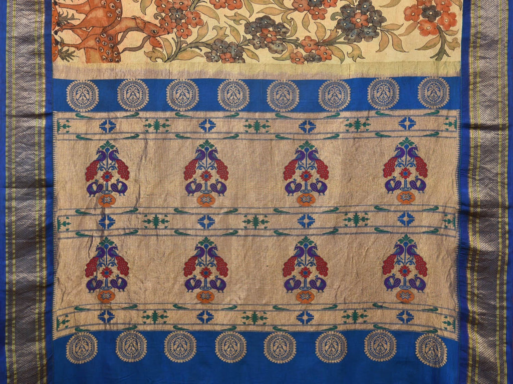 Cream and Blue Kalamkari Hand Painted Paithani Silk Handloom Saree with Pallu and Deers Border Design KL0759