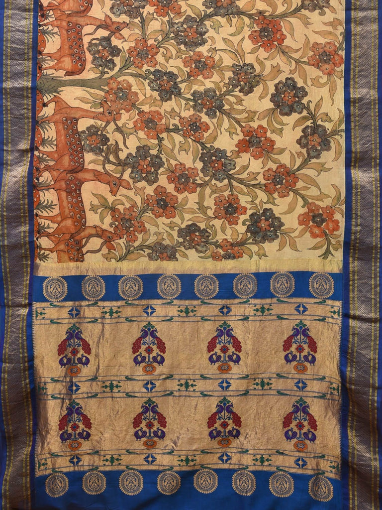 Cream and Blue Kalamkari Hand Painted Paithani Silk Handloom Saree with Pallu and Deers Border Design KL0759