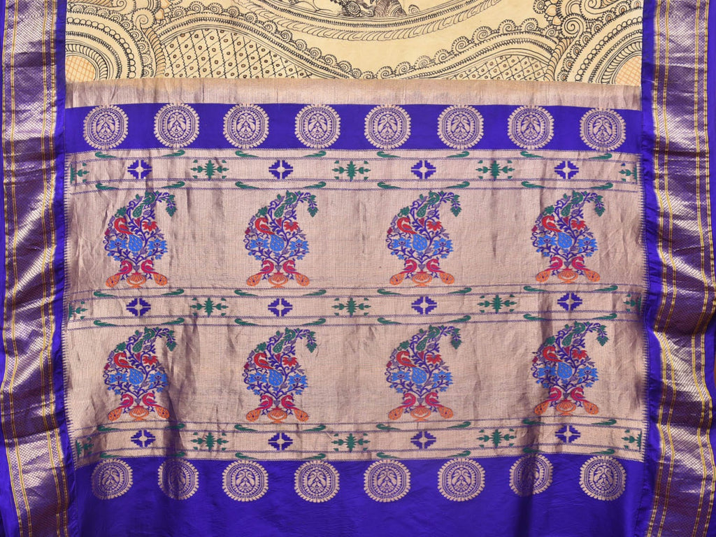 Cream and Blue Kalamkari Hand Painted Paithani Silk Handloom Saree with Ramayana Design KL0753