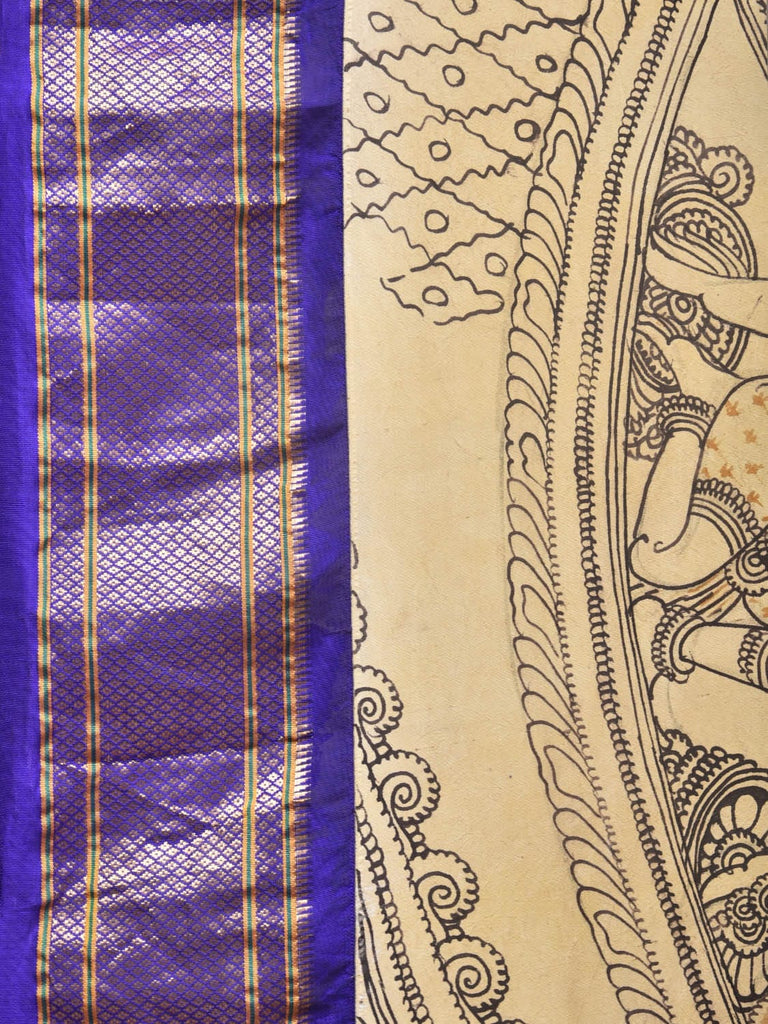 Cream and Blue Kalamkari Hand Painted Paithani Silk Handloom Saree with Ramayana Design KL0753