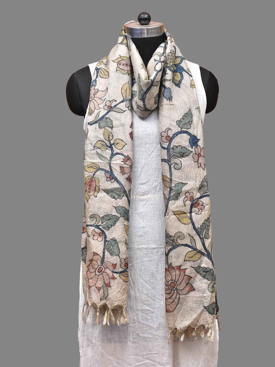 Cream and Blue Kalamkari Hand Painted Tussar Dupatta with Floral Design ...