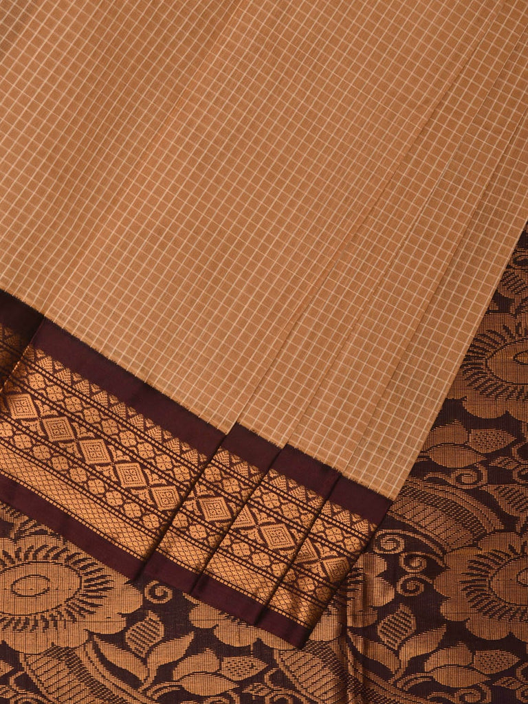 Cream and Brown Gadwal Cotton Handloom Saree with Border and Pallu Design No Blouse g0382