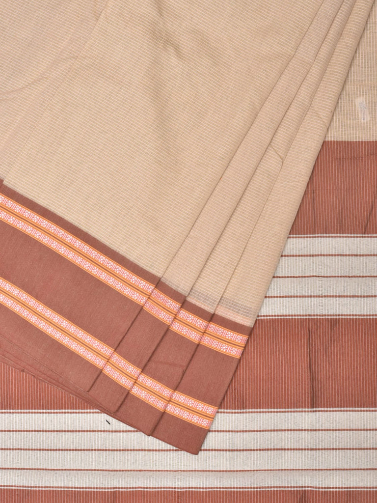 Cream and Fawn Bamboo Cotton Saree with Strips Design No Blouse bc0213