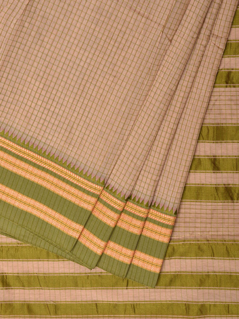 Cream and Green Bamboo Cotton Saree with Checks Design No Blouse bc0261