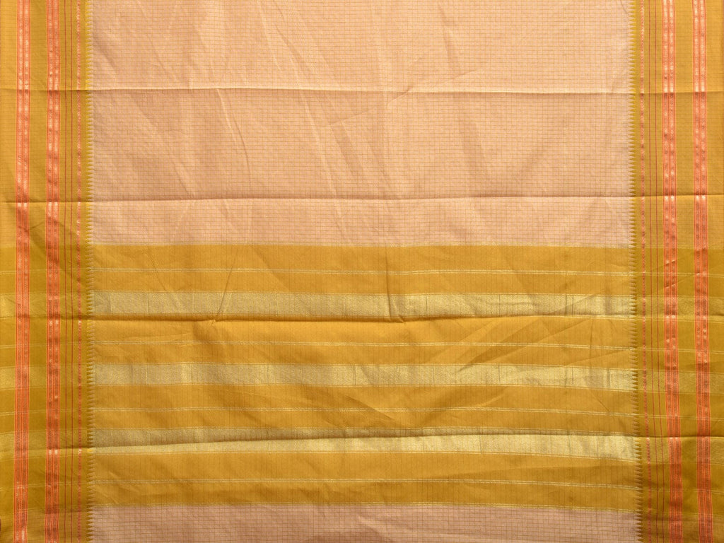 Cream and Green Bamboo Cotton Viscose Silk Saree with Checks Design No Blouse bc0368