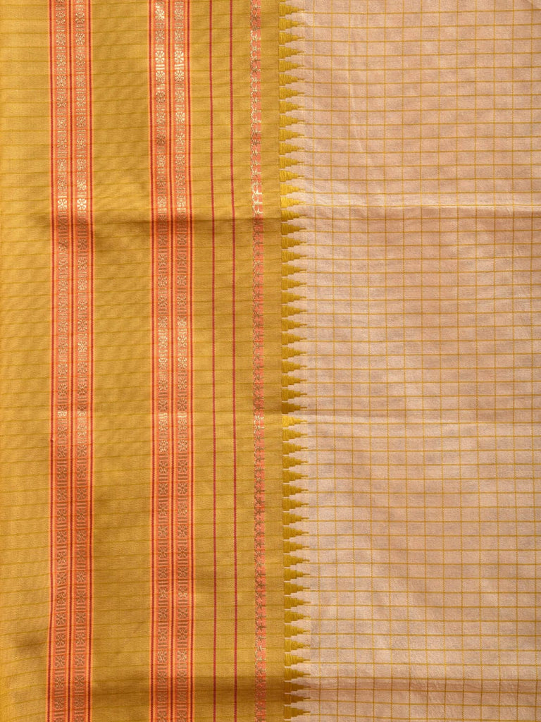 Cream and Green Bamboo Cotton Viscose Silk Saree with Checks Design No Blouse bc0368