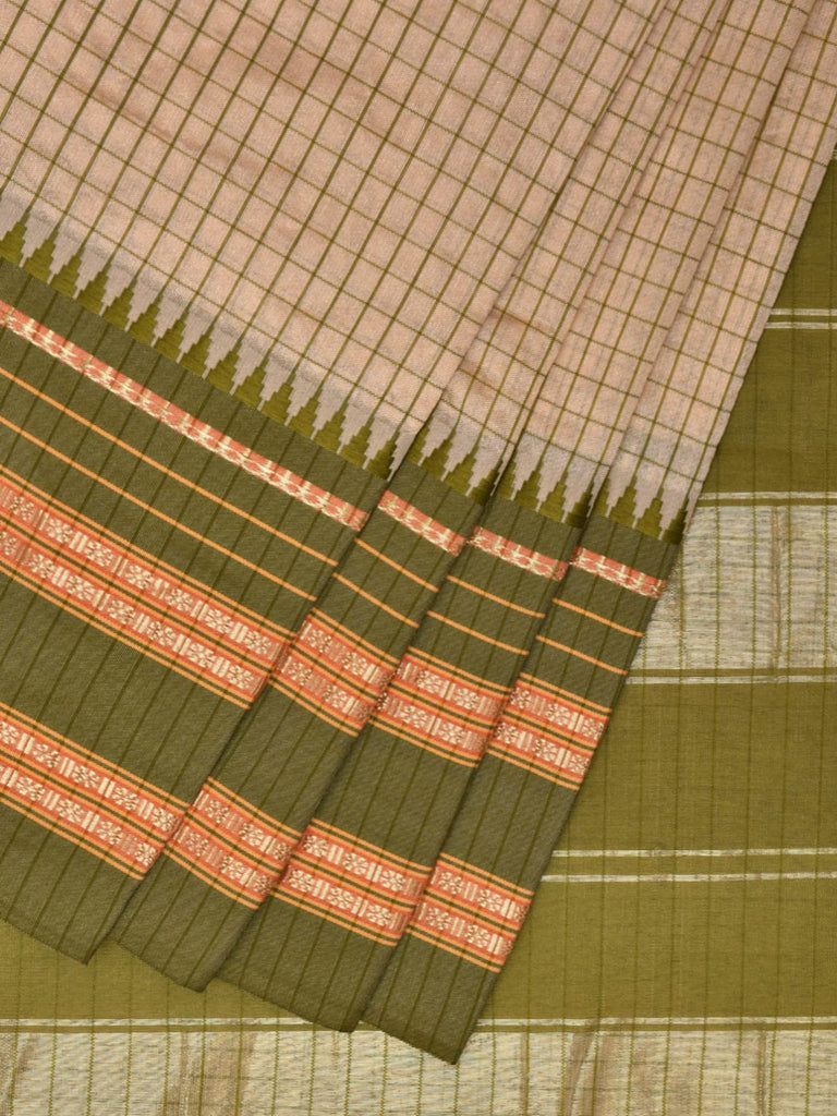 Cream and Green Bamboo Cotton Viscose Silk Saree with Checks Design No Blouse bc0465