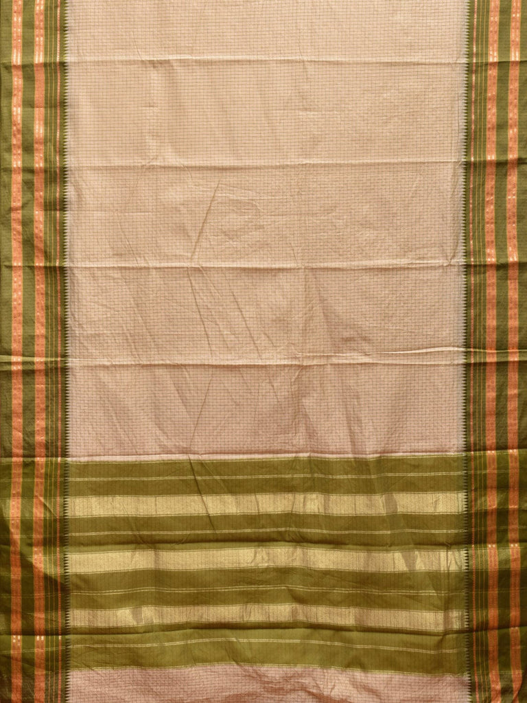 Cream and Green Bamboo Cotton Viscose Silk Saree with Checks Design No Blouse bc0465