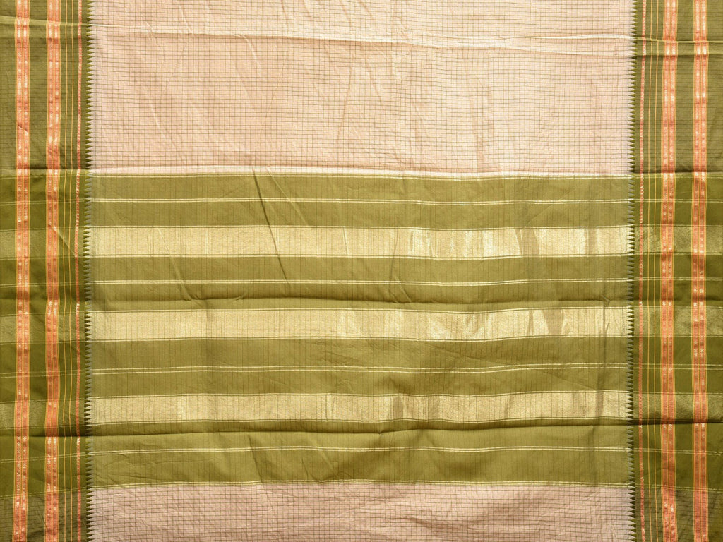 Cream and Green Bamboo Cotton Viscose Silk Saree with Checks Design No Blouse bc0465