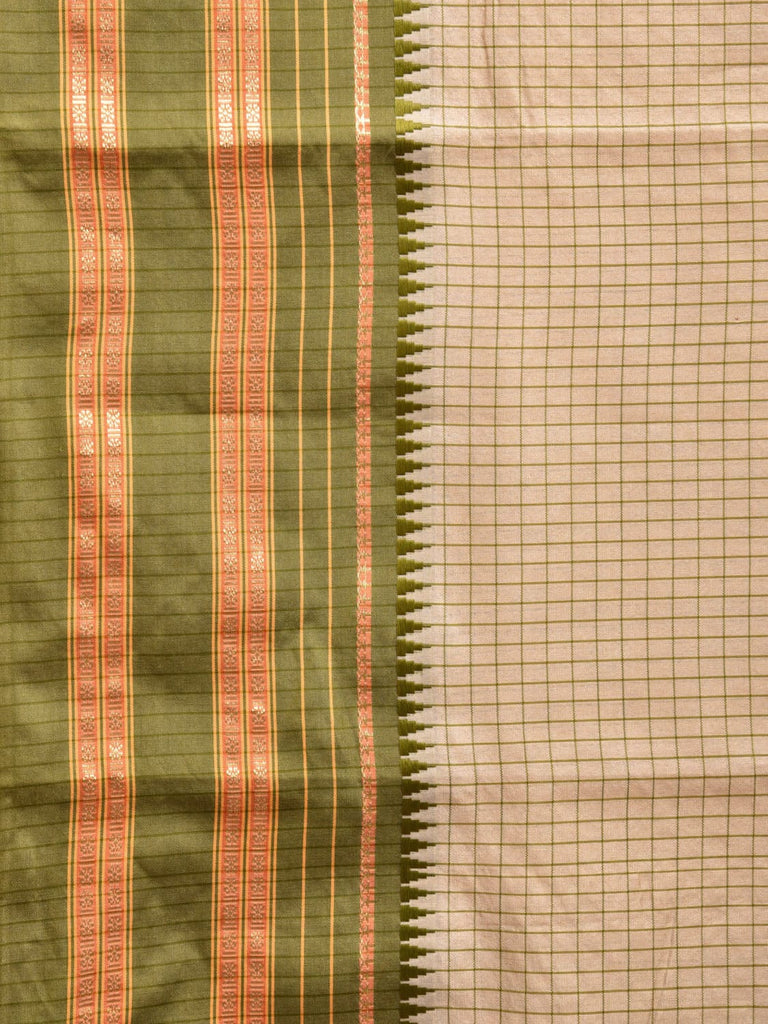 Cream and Green Bamboo Cotton Viscose Silk Saree with Checks Design No Blouse bc0465