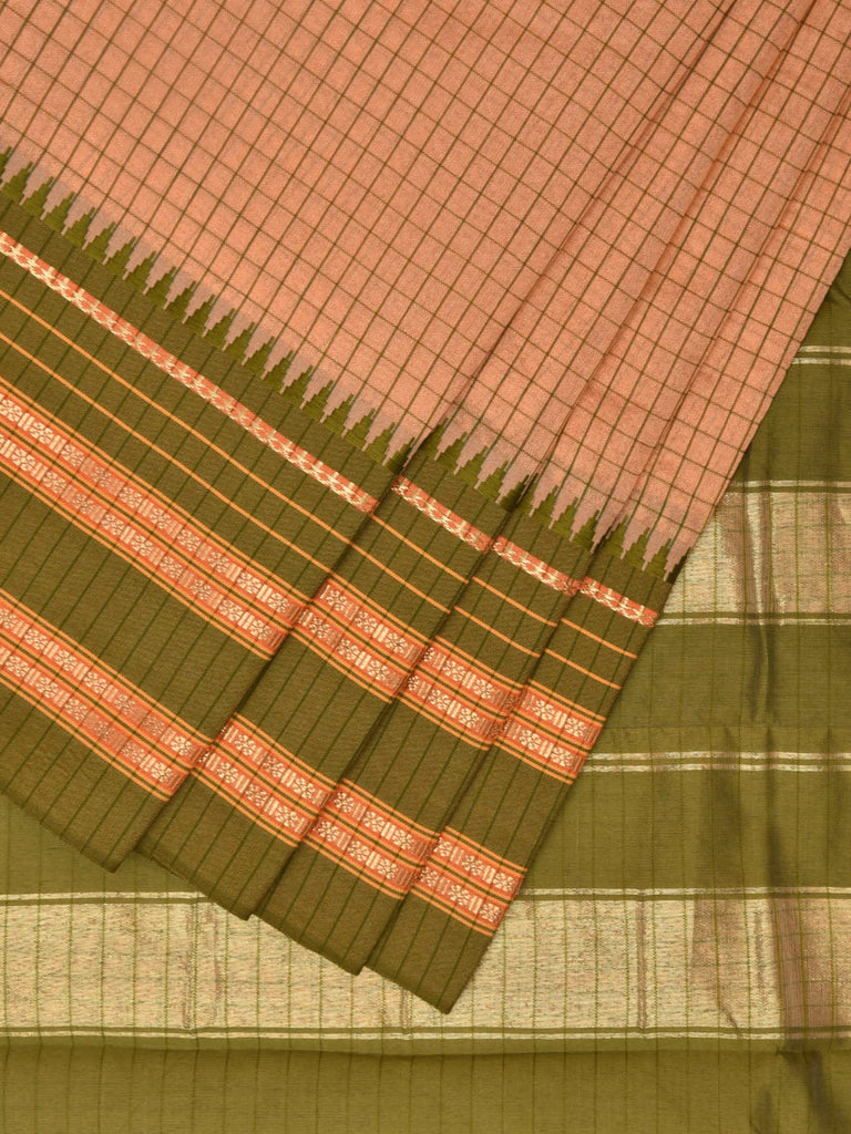 Cream and Green Bamboo Cotton Viscose Silk Saree with Checks Design No Blouse bc0498