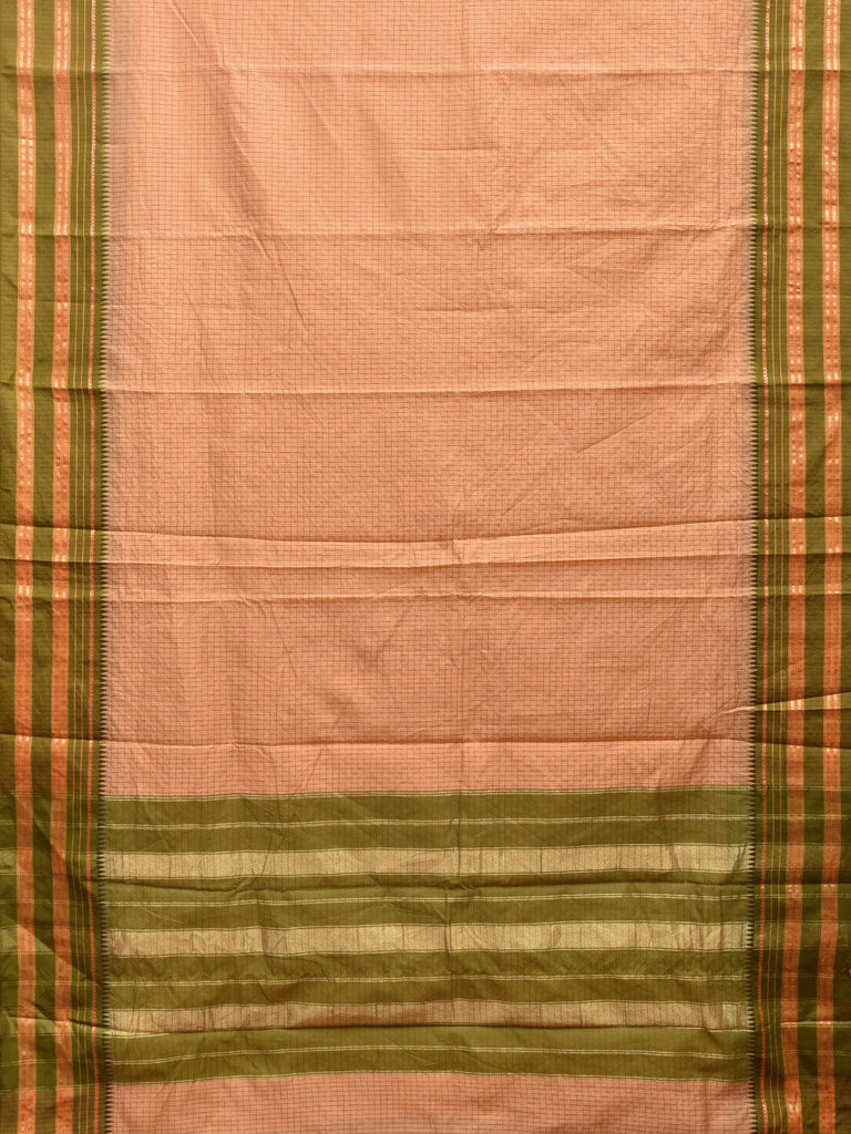 Cream and Green Bamboo Cotton Viscose Silk Saree with Checks Design No Blouse bc0498