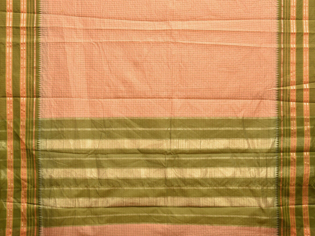 Cream and Green Bamboo Cotton Viscose Silk Saree with Checks Design No Blouse bc0498