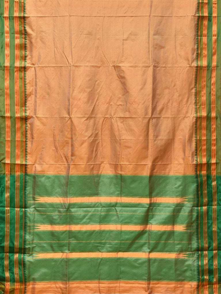 Cream and Green Narayanpet Silk Handloom Saree with Checks Design No Blouse np0755