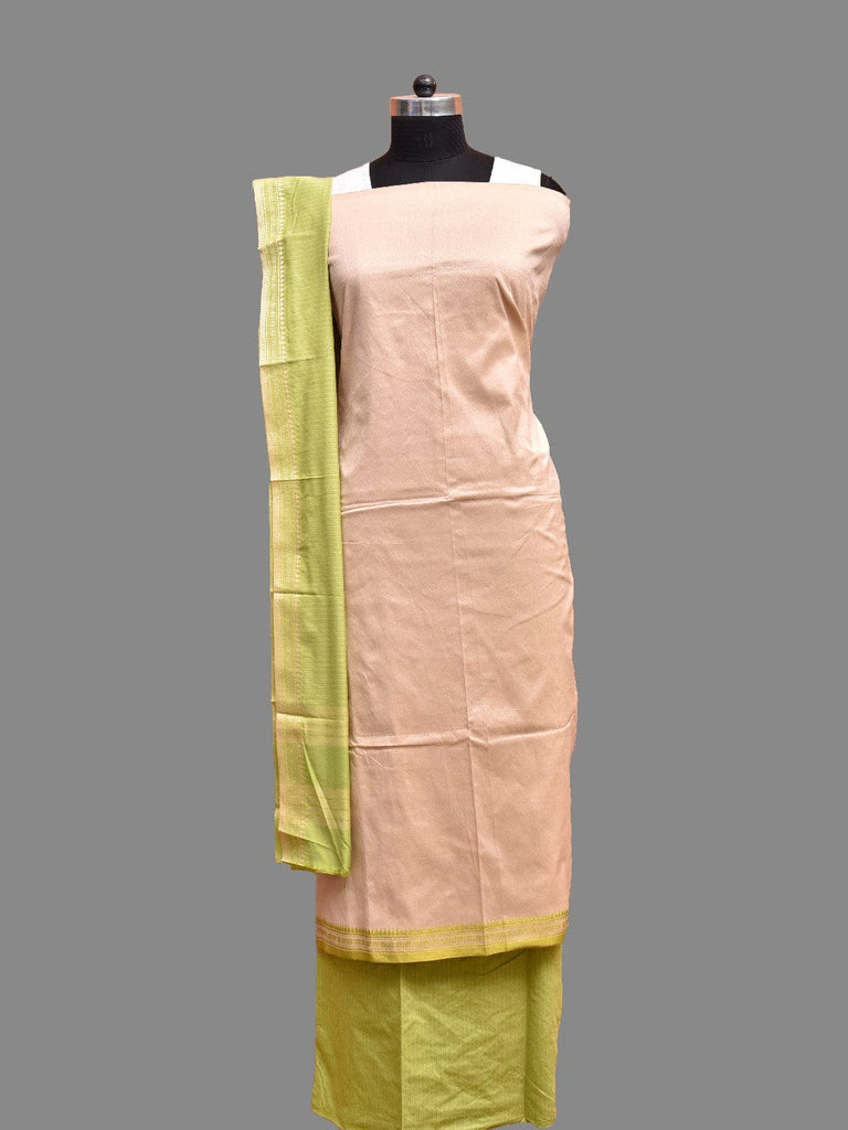 Cream and Light Green Bamboo Cotton Dress Material with Strips Dupatta and Plain Top and Bottom Design dm0078