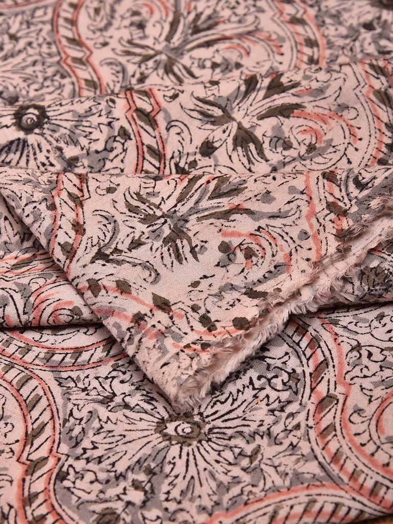 Cream and Light Grey Kalamkari Block Print Cotton Blouse with Floral and Grill Design 1.2mt Length 35 Inches Width BL0074