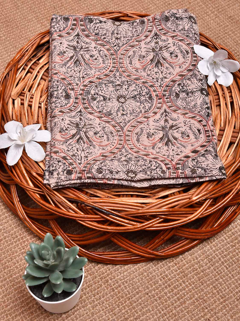 Cream and Light Grey Kalamkari Block Print Cotton Blouse with Floral and Grill Design 1.2mt Length 35 Inches Width BL0074