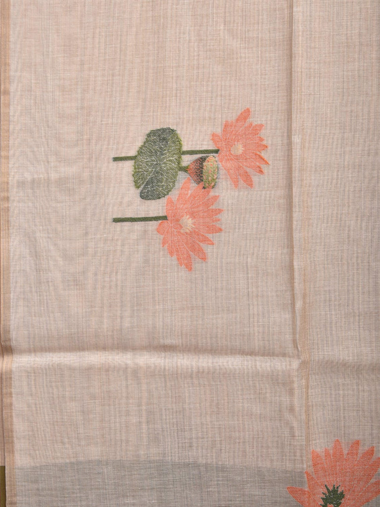 Cream and Olive Dhakai Jamdani Cotton Viscose Saree with Lotus Flower Body Buta and Pallu Design dj0008