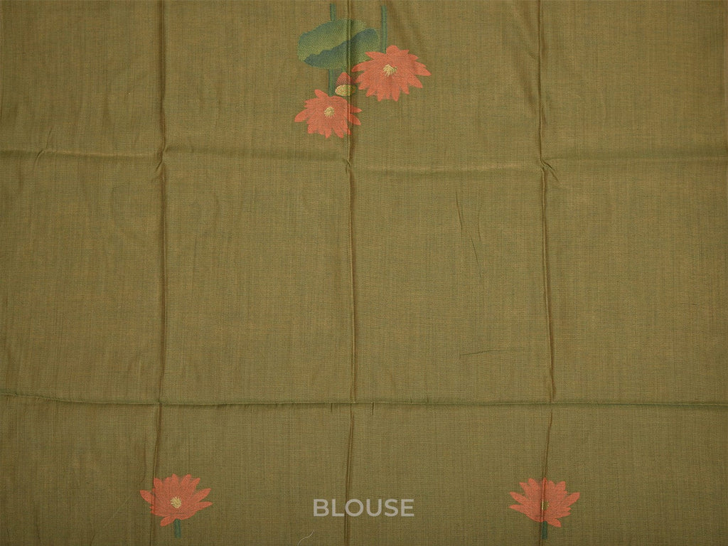 Cream and Olive Dhakai Jamdani Cotton Viscose Saree with Lotus Flower Body Buta and Pallu Design dj0008