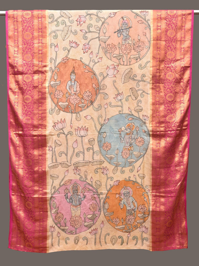 Cream and Pink Kalamkari Hand Painted Kanchipuram Silk Handloom Dupatta with Dashavatar Design ds3244