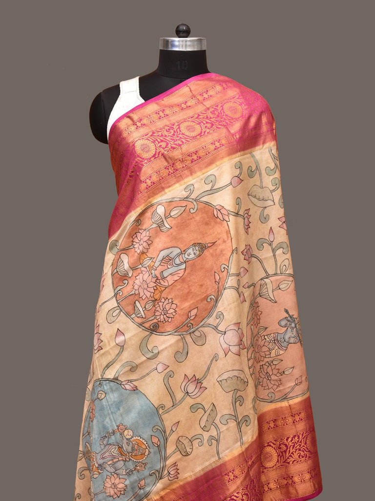 Cream and Pink Kalamkari Hand Painted Kanchipuram Silk Handloom Dupatta with Dashavatar Design ds3244